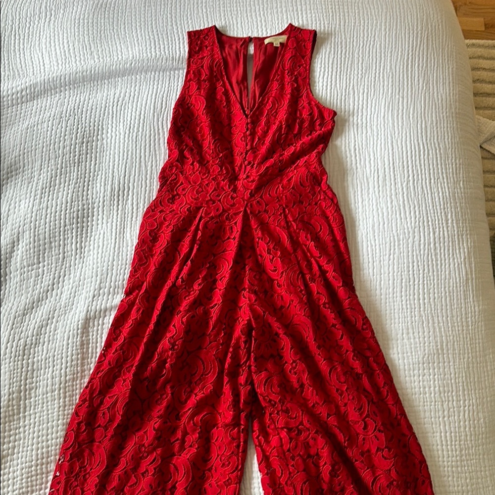 Elegant Red Lace Anthropologie Jumpsuit